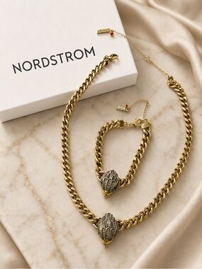 Nordstrom Gold-Tone Chain Necklace and Bracelet Set with Pavé Shell Charms